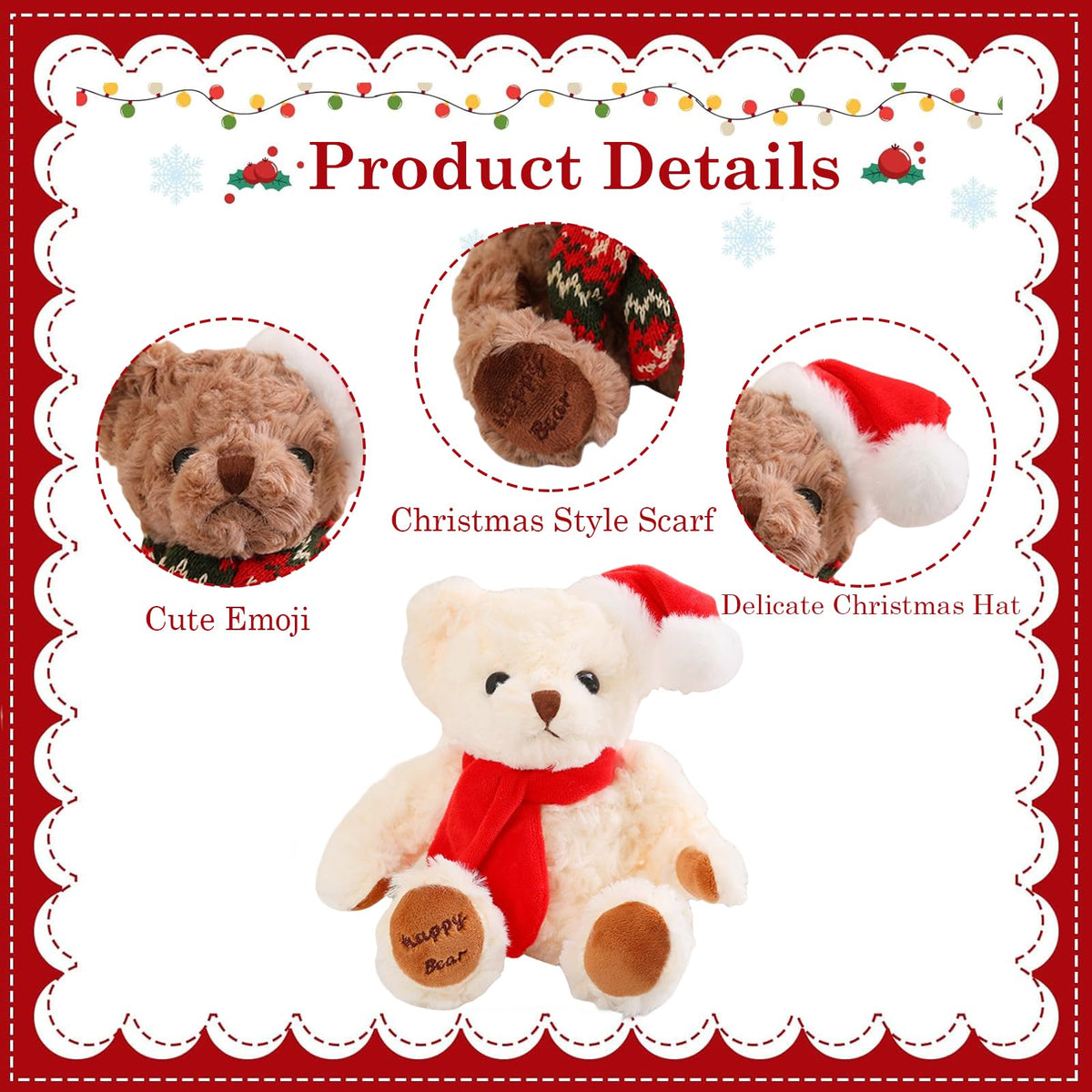 Weißer Weihnachts-Teddybär ca. 20 cm (8 Zoll) – flauschiges Plüschtier, weicher Stoffbär als Geschenk & Festdeko